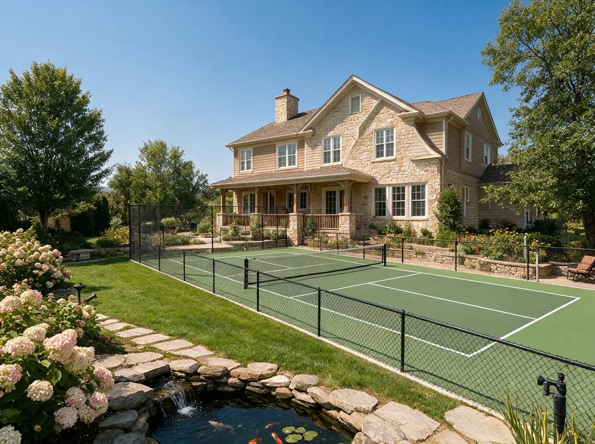 A large stone and siding house with a covered porch, an outdoor tennis court, and a landscaped garden with a koi pond.