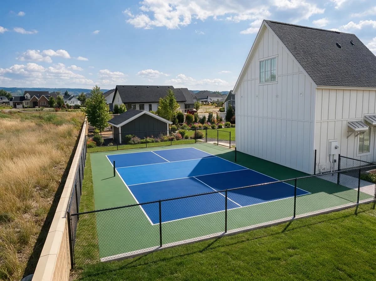 An outdoor blue and green pickleball or multi-use sports court with a black chain-link fence, next to a modern white house on a sunny day.